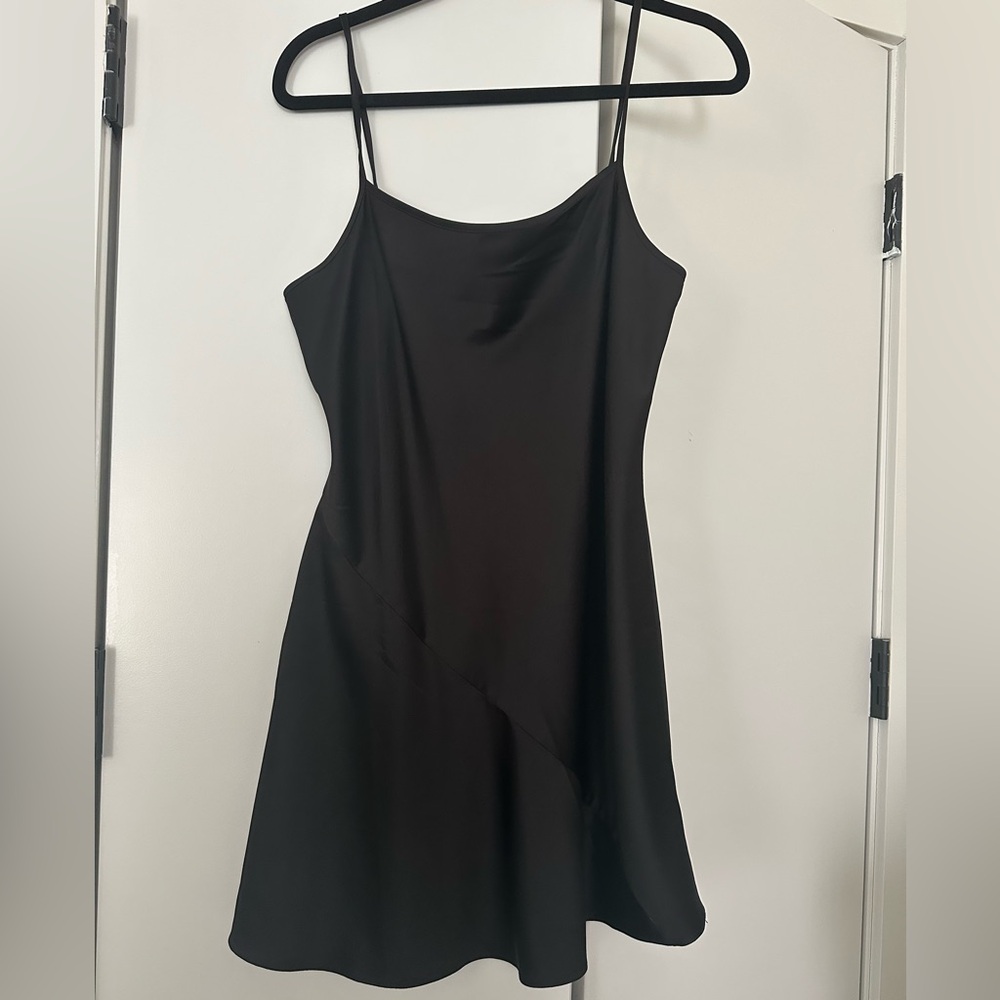 Black mini asymmetrical slip dress